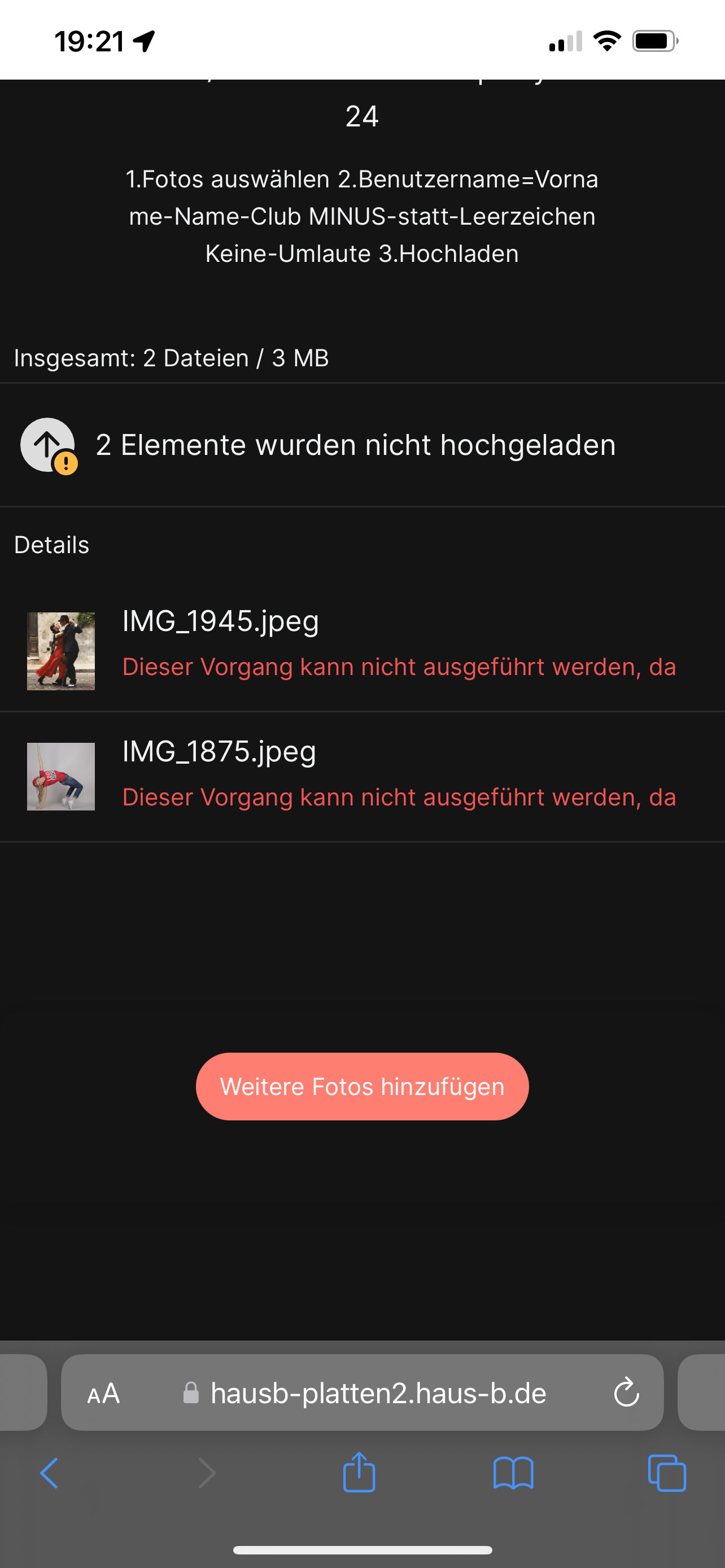Fehlermeldung: Elemente nicht hochgeladen
